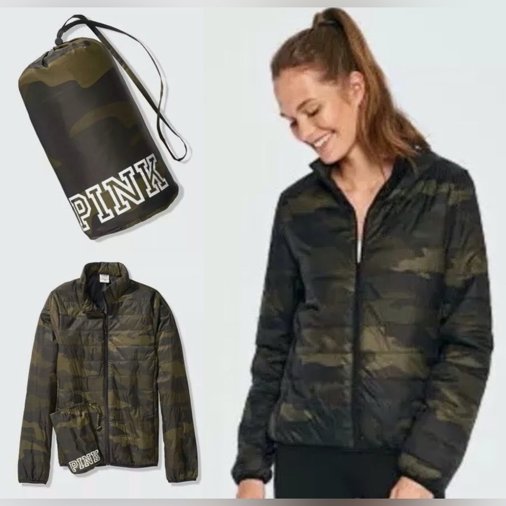 PINK Victoria's Secret Women's Packable Puffer Jacket Camo Green